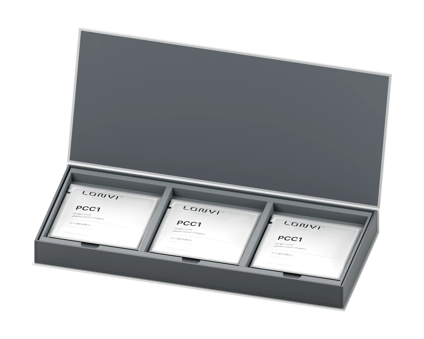 The Lonvi PCC1 box, open to reveal three individually packed sachets.